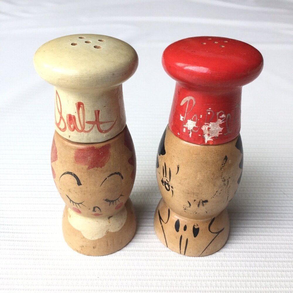 Chef Woman & Man Salt and Pepper Shakers Wood Painted Faces Red Japan Vintage